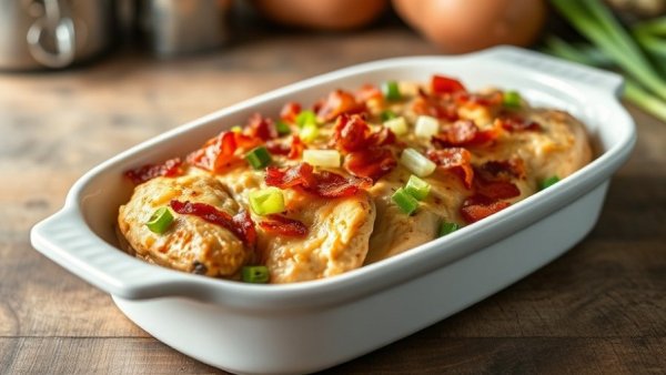 Keto Crack Chicken Bake with bacon and green onions in a white dish.