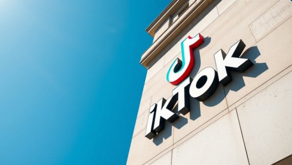 TikTok logo on building facade against clear blue sky.