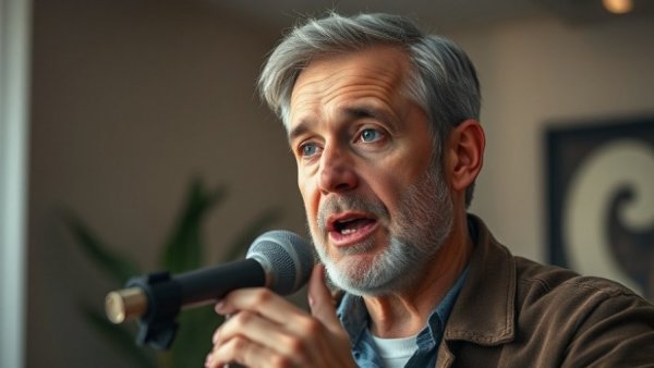 Engaged speaker discussing important life choices, lifelike setting.