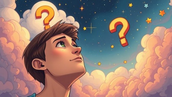 Young man finding peace amid uncertainty, cartoon style, colorful clouds.