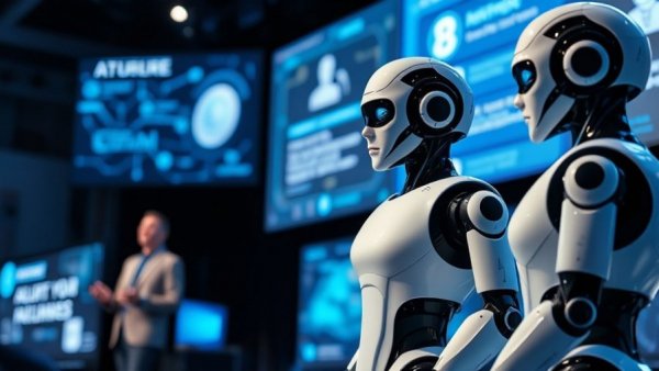AI Technology Breakthroughs at futuristic conference with robots on stage.