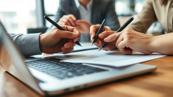 Hands in professional meeting discussing AI banking job cuts, with documents and laptop.