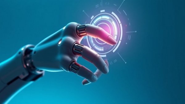 Futuristic robotic hand interacting with AI hologram, lane-level mapping technology concept.