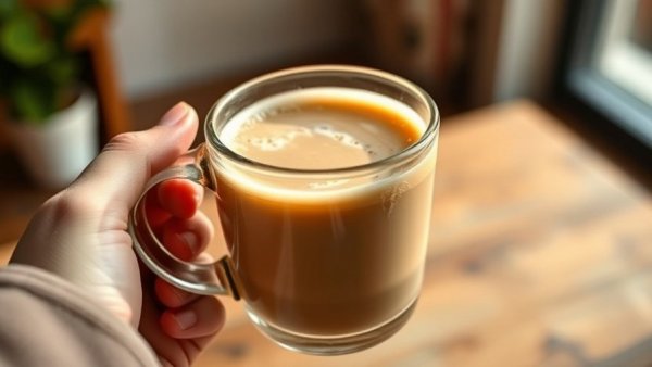 Glass mug of creamy protein coffee benefits with a warm ambiance.