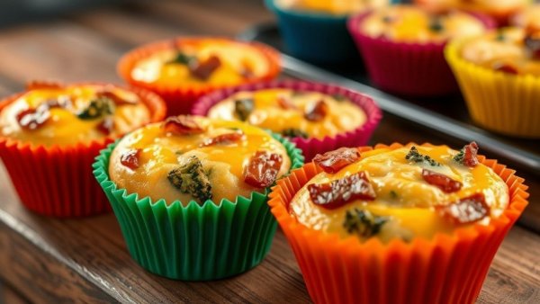 Freshly baked egg muffins in silicone cups with broccoli, bacon, and cheese.
