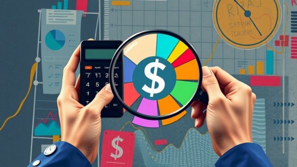 Illustration of SEO and PPC budget mix concept with calculator and magnifying glass.
