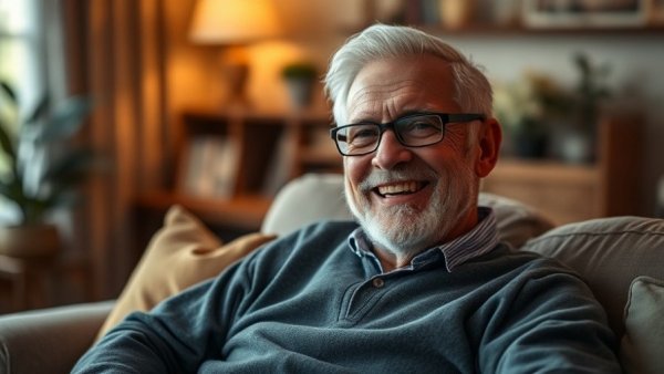 Mature man smiling in a cozy living room, Jeff Galloway marathon method.