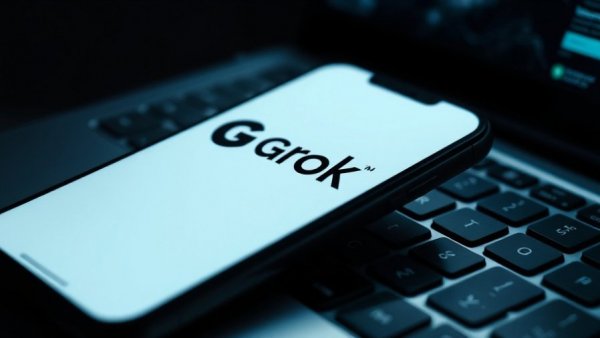 Grok AI branding on smartphone and laptop in dark setting