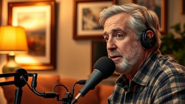 Middle-aged man in podcast discussing red flags in hiring and dating.