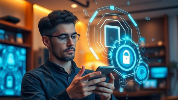 Person interacting with holographic AI symbols, showcasing AI predictions 2026.