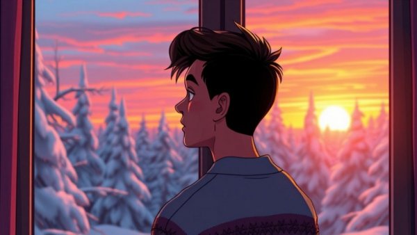 Reflective young man looking out window at sunset, self-worth beyond financial struggles.