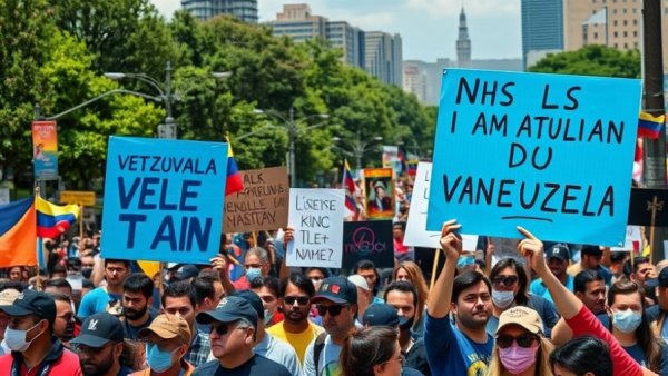 Venezuelan protest scene with demonstrators holding large political posters, urban setting.