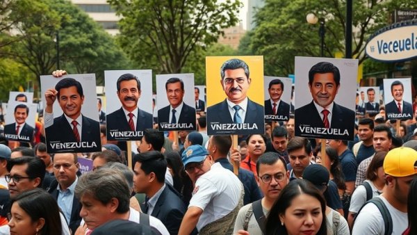 Demonstration in Venezuela with posters of leaders, urban setting.