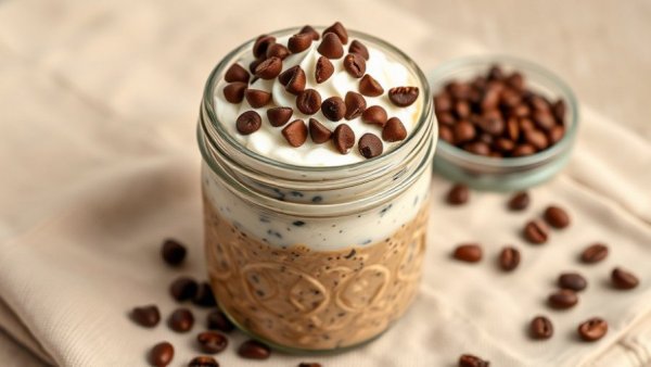 High protein coffee overnight oats in a jar with chocolate chips.