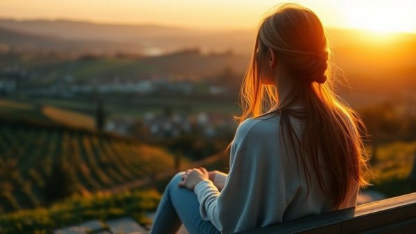 Young woman sitting on a bench at sunrise, illustrating morning habits for personal growth.