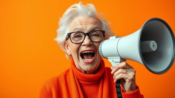 Elderly woman expressing confidence with megaphone, vivid orange background.