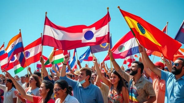 Group protesting with flags under bright sky, disinformation social media theme.