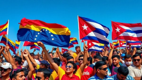 Disinformation flood social media amid lively political rally with flags.