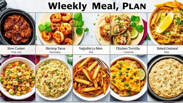 Colorful weekly meal plan showcasing diverse recipes.