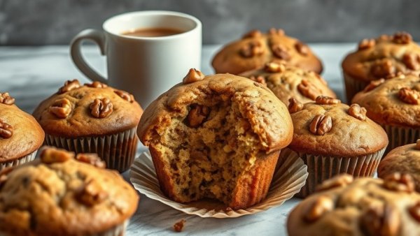Honey cinnamon walnut banana muffins with coffee on marble.