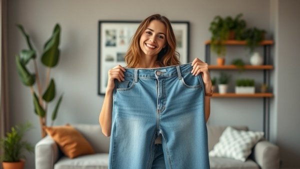 Mounjaro obesity treatment access: woman holding oversized jeans, smiling.