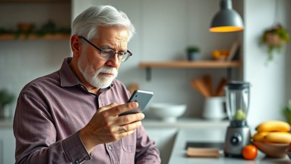 Elderly man using a smartphone app in a modern kitchen