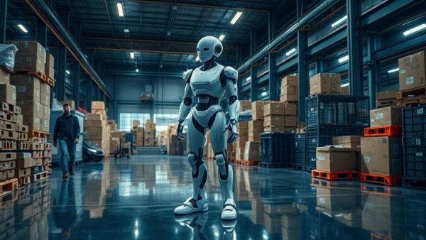 Google Gemini humanoid robot in futuristic warehouse.