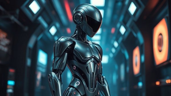 AI-powered advisory platform concept with metallic humanoid in futuristic setting.