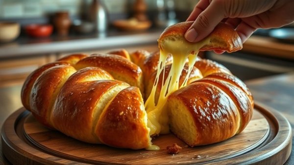 Cheesy pull apart bread with gooey cheese stretch on a wooden tray.