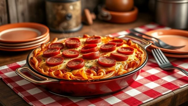 Sausage and Pepperoni Layered Pizza Bake in a dish on a table.