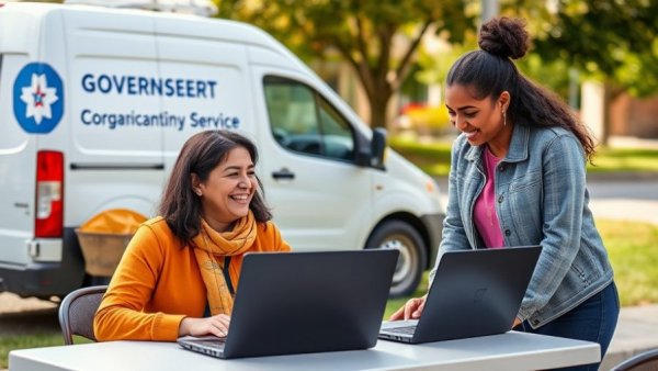 Women engaged in community service at outdoor event with agency van.