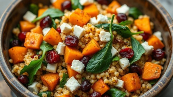 Warm roasted vegetable couscous salad in a rustic bowl.