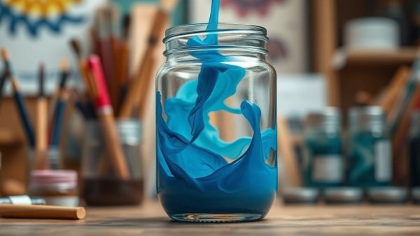 Mindful creativity with paint swirling in a jar, artist studio tools.