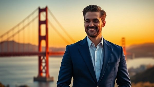 Confident man near Golden Gate Bridge at sunset, representing Agentic AI in Claims Processing.