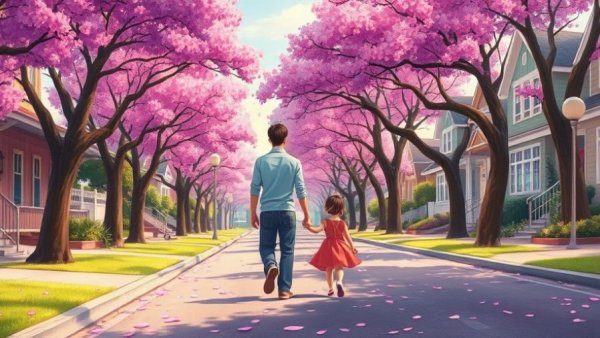 Father and daughter walking under purple trees, reclaim my time and energy.