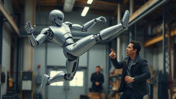 Sleek humanoid robot kicking, demonstrating humanoid robotics.