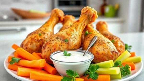 Air Fryer Ranch Chicken Drumsticks with veggies and dip.