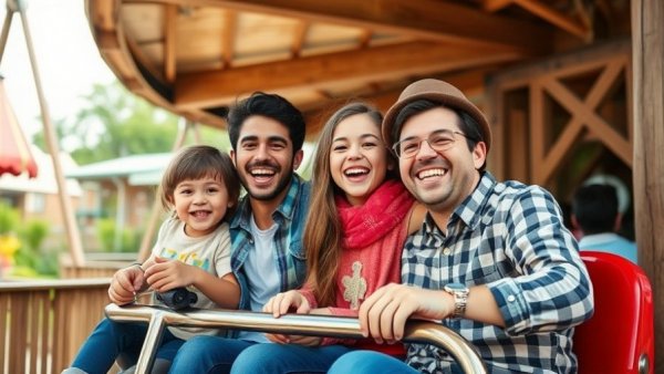 Family enjoying amusement park ride, smiling together.