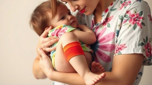 Close-up of a woman holding a child with a bandage.