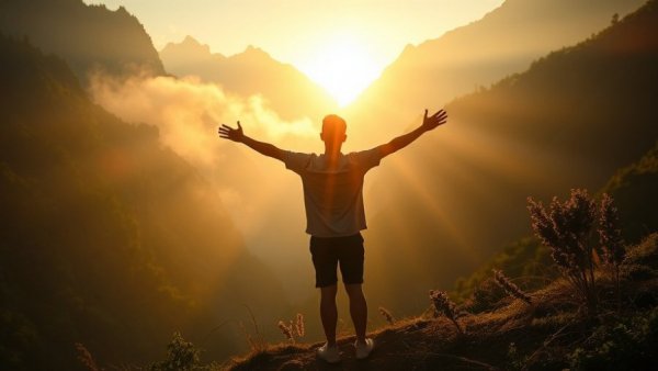 Silhouette embracing sunlight in misty landscape overcoming loss of motivation.