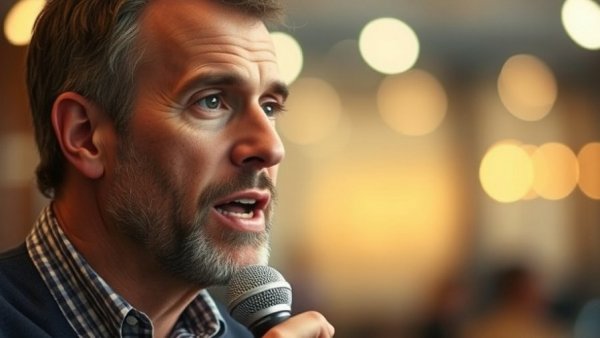 Engaged middle-aged man discussing AI impact on jobs, indoor setting.