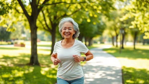 Older woman jogging in park, embracing health resolutions, vibrant setting.