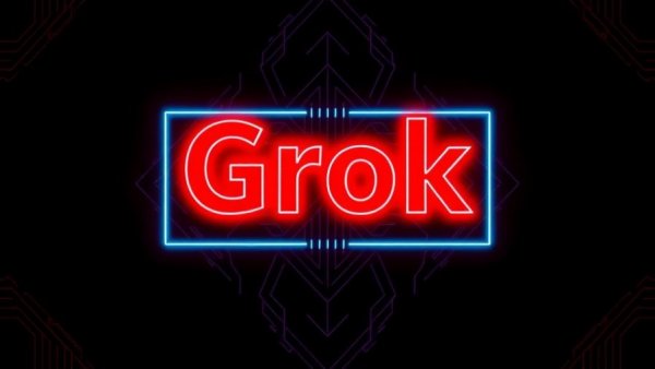 Bold red 'Grok' text with abstract patterns on dark background.