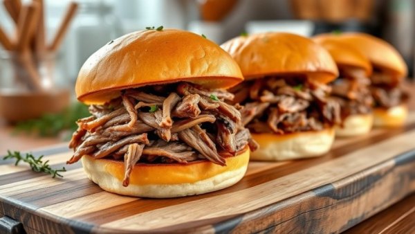 Appetizing French Dip Sliders on rustic board with dipping sauce.