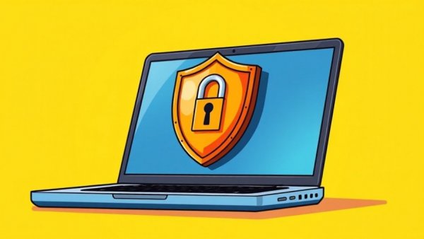 Digital security illustration with shield and lock on laptop.