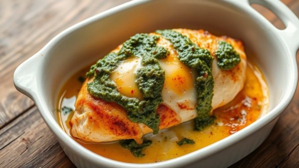 Easy baked pesto chicken topped with melted cheese in a white dish.