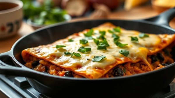 Butternut squash and black bean enchilada skillet with melted cheese.