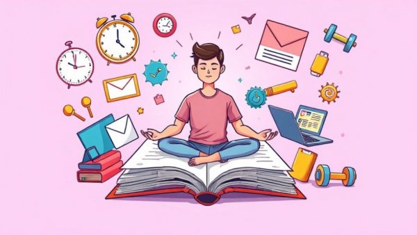 Illustration of productivity symbols around a meditative person on an open book.