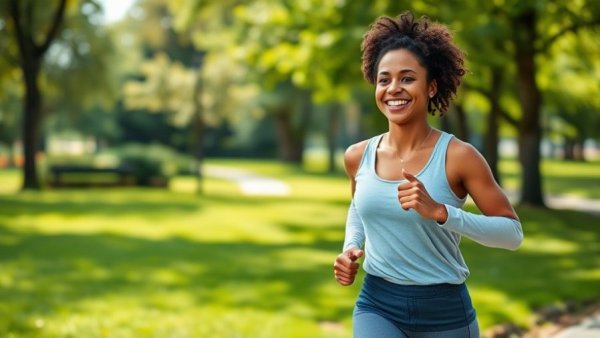 Woman jogging in a park, promoting the anti-cancer effects of exercise.
