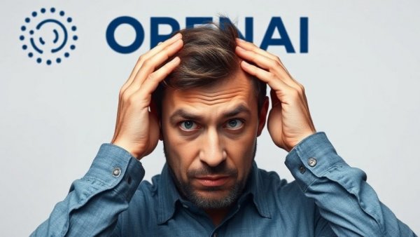 Frustrated man reacting to AGI implications for AI technology, OpenAI logo.